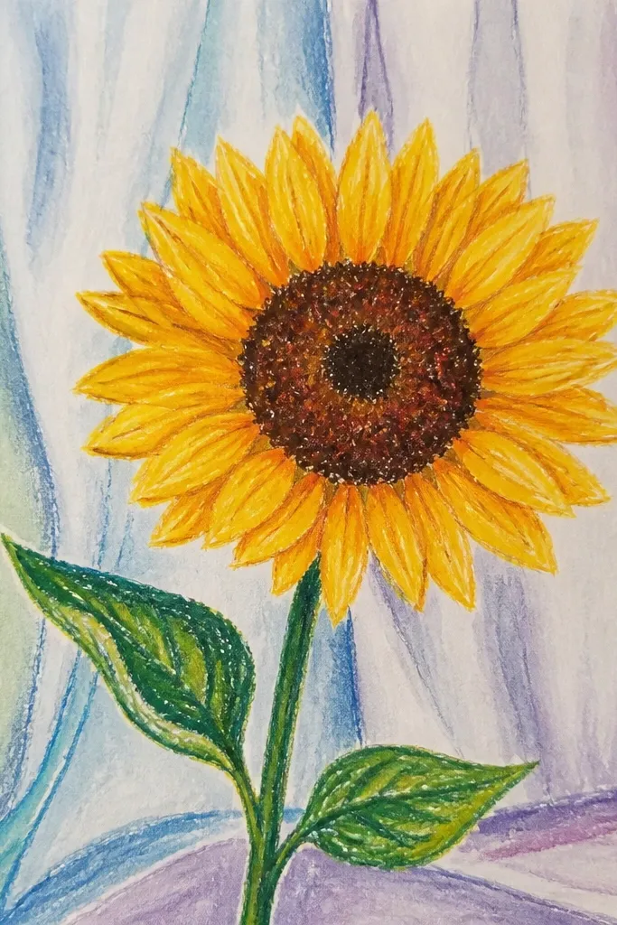 Sunflower with a soft watercolor curtain drape background