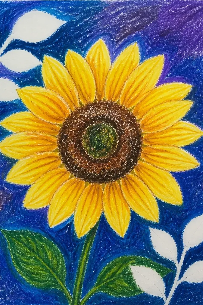 Sunflower with leaf silhouettes in watercolor background