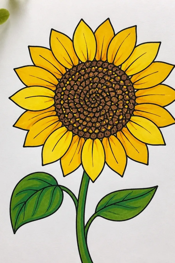 Sunflower with a spiral seed center and bright dots on yellow petals