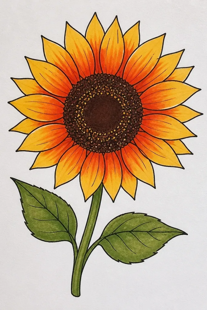 Sunflower with ombre petals and thin crisp outlines