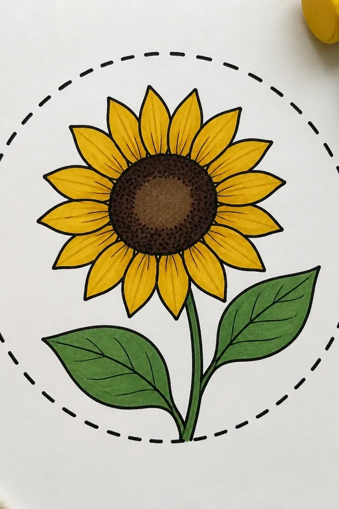 Sunflower inside a stitched circular frame with marker shading
