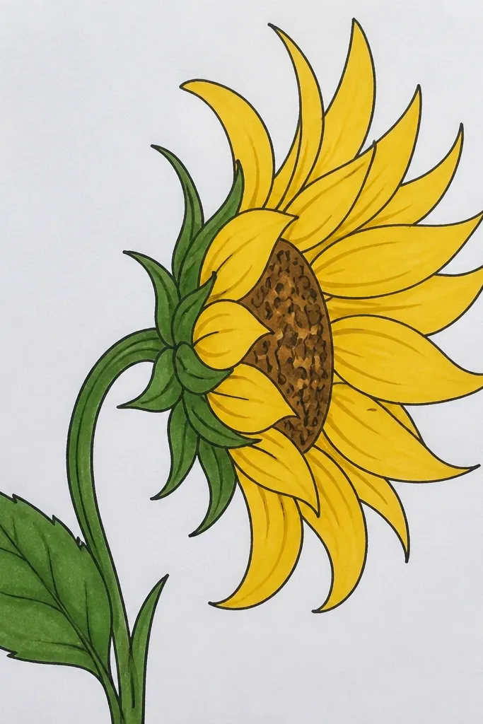 Sunflower drawn from the side with flowing petal arcs