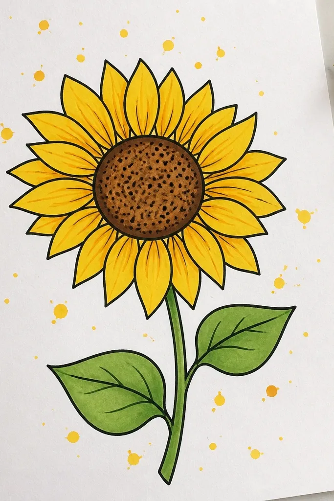 Sunflower with controlled splatter dots around petals