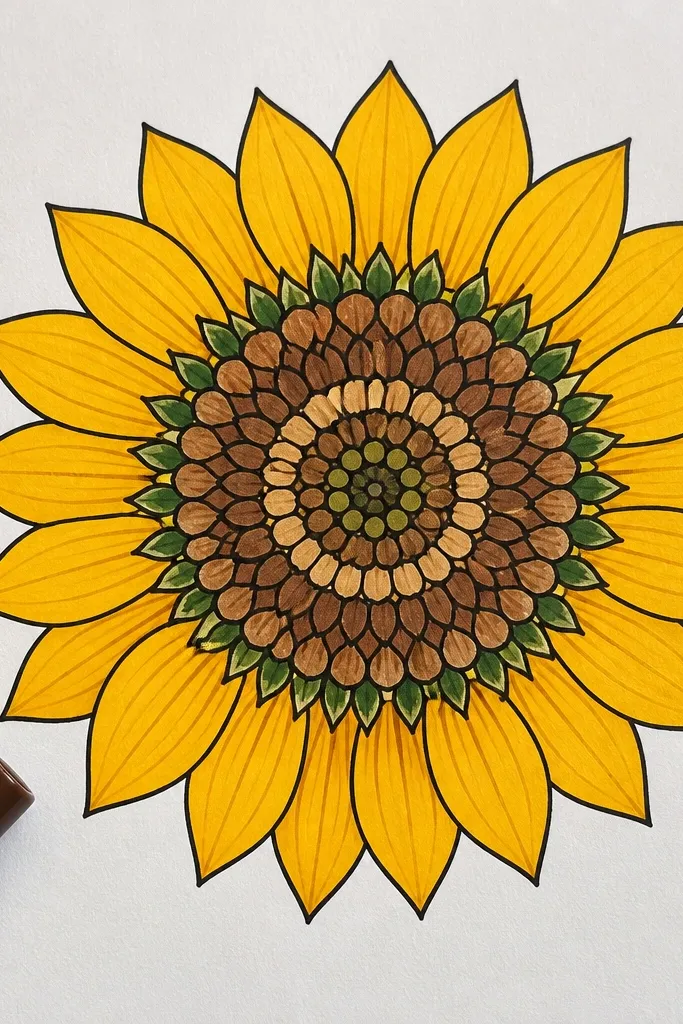 Sunflower with mandala-like rings and textured center seeds
