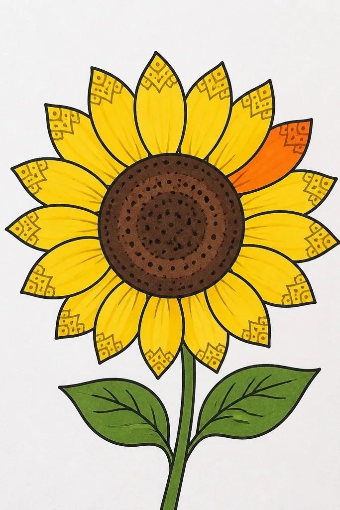 Sunflower petals with patterned tips and a single bright accent color
