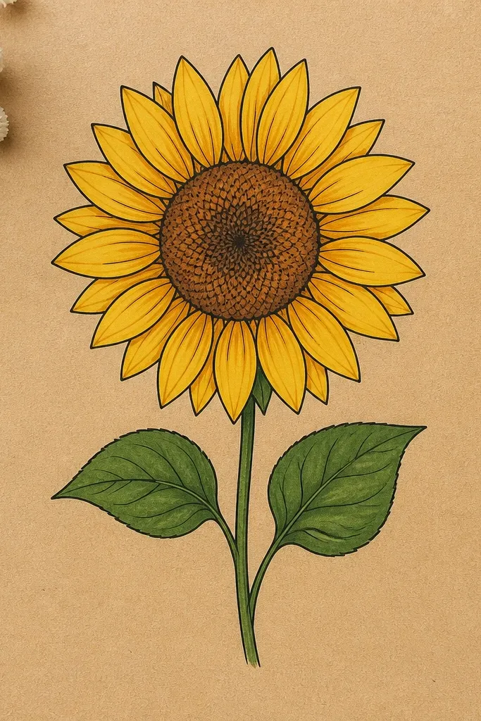 Sunflower drawn on kraft paper with warm brown seed texture