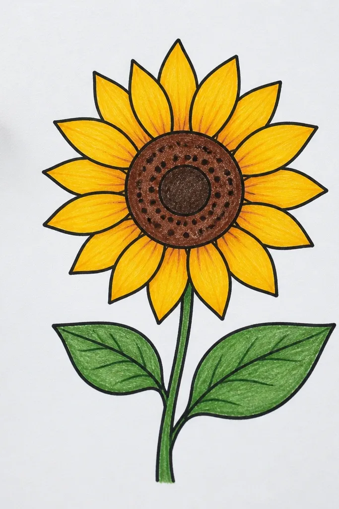 Sunflower with marker base and pencil texture on petals and seeds