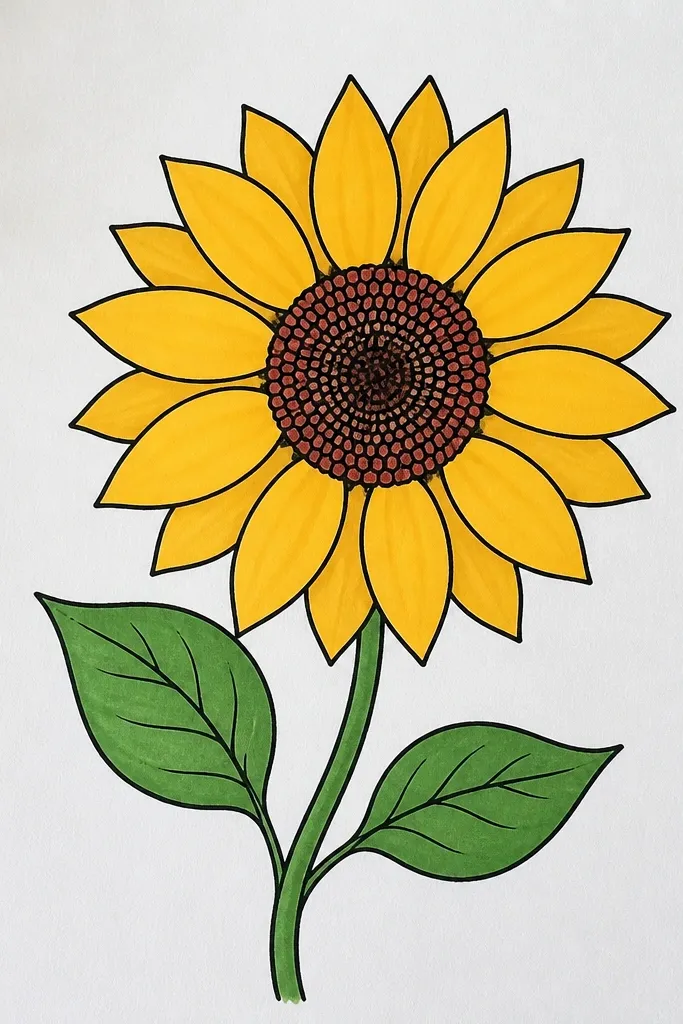 Sunflower with bold linework and minimal color, detailed seed center