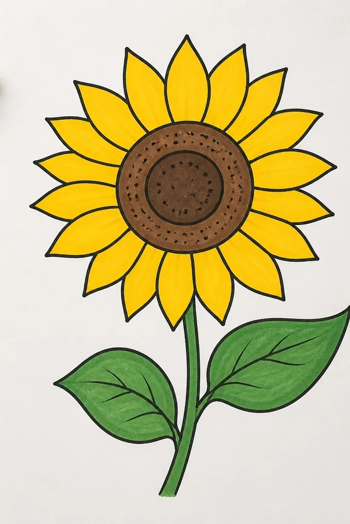 Sunflower drawn with layered outlines and semi-transparent marker fills
