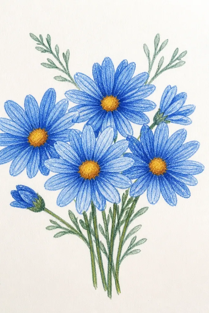 Blue daisy cluster with round centers, simple stems, and light shading.