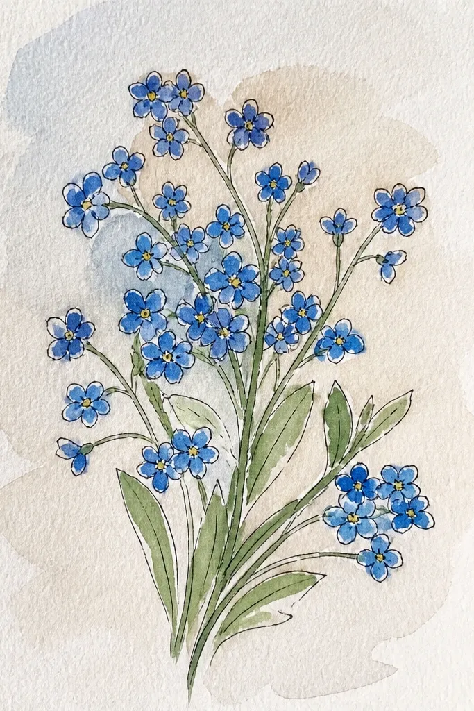 Small blue five-petal flowers on thin stems with a few leaf blades.