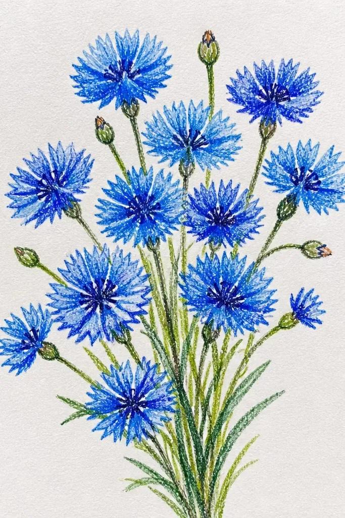 Blue cornflower blooms with layered petal rings and curved stems.