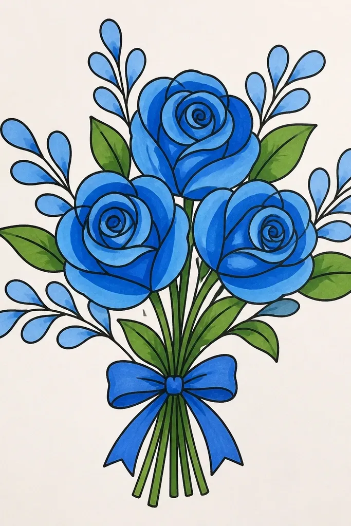 Single blue rose with spiral center, teardrop petals, and soft shading.