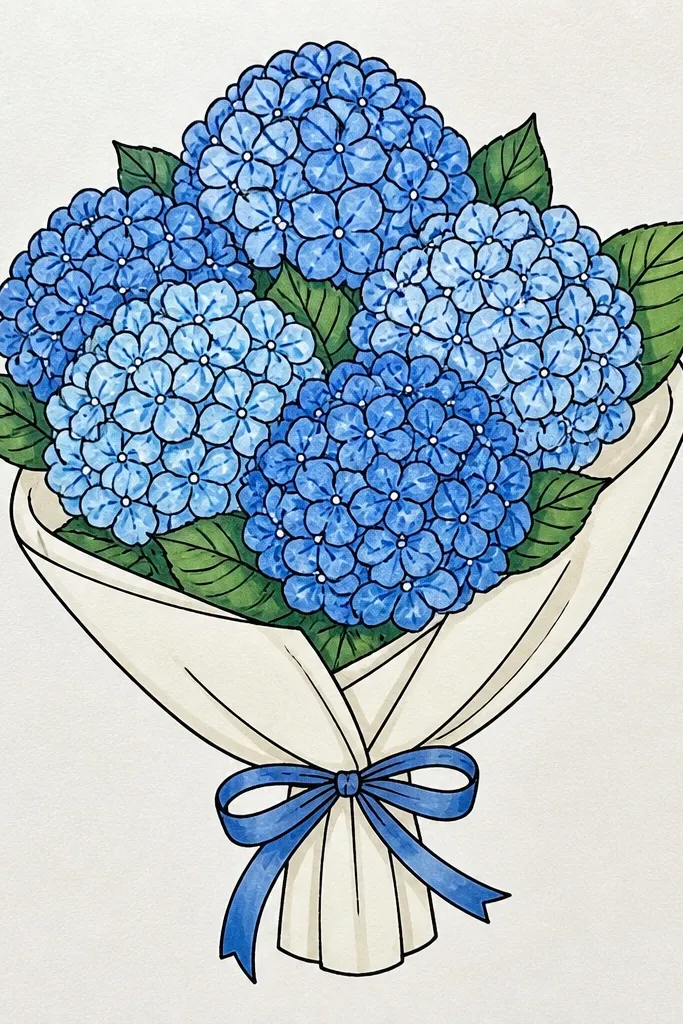 Blue hydrangea ball with many small clustered dots and tiny petal marks.