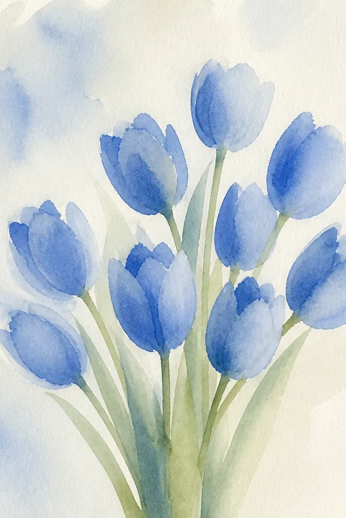 Blue tulips with cup shapes, one-sided shadows, and simple stems.