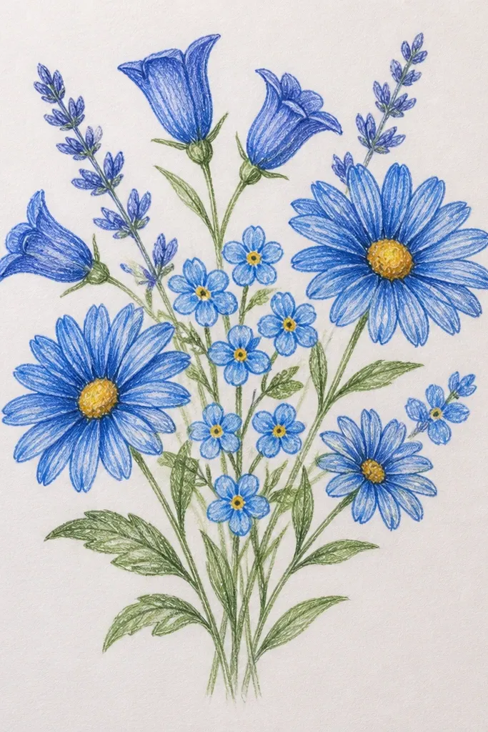 Mixed blue wildflowers using three simple shapes on thin stems.