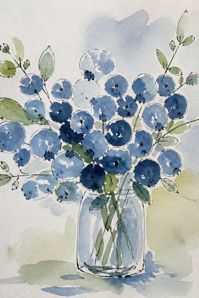 Rounded blue blossoms grouped in clumps with curved stems and a few leaves.