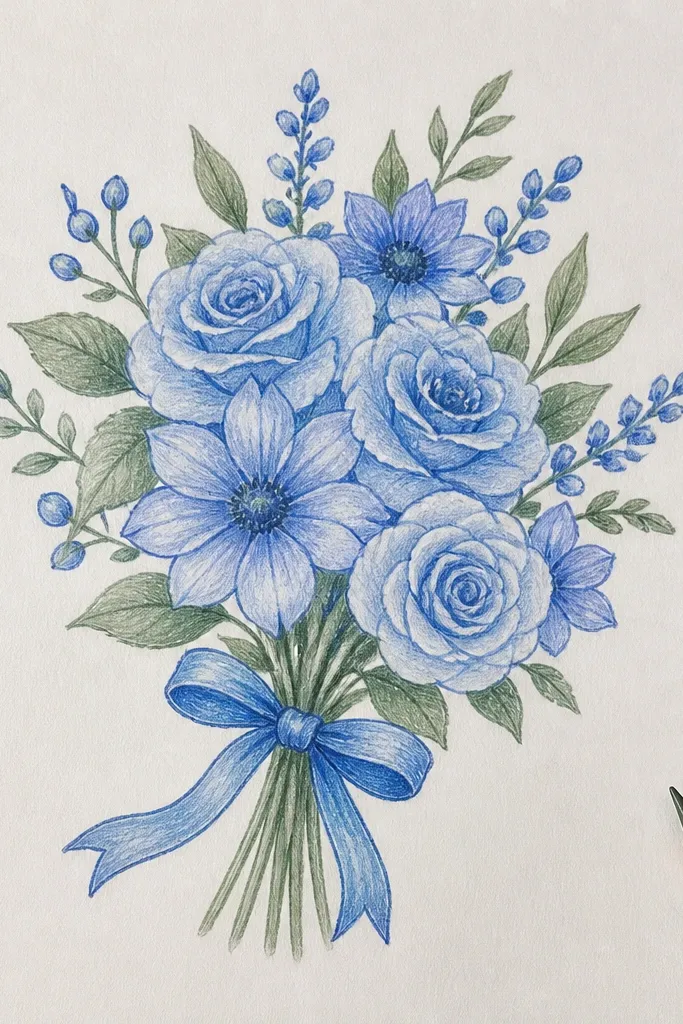 Blue bouquet with light pencil outlines and clean colored petals.