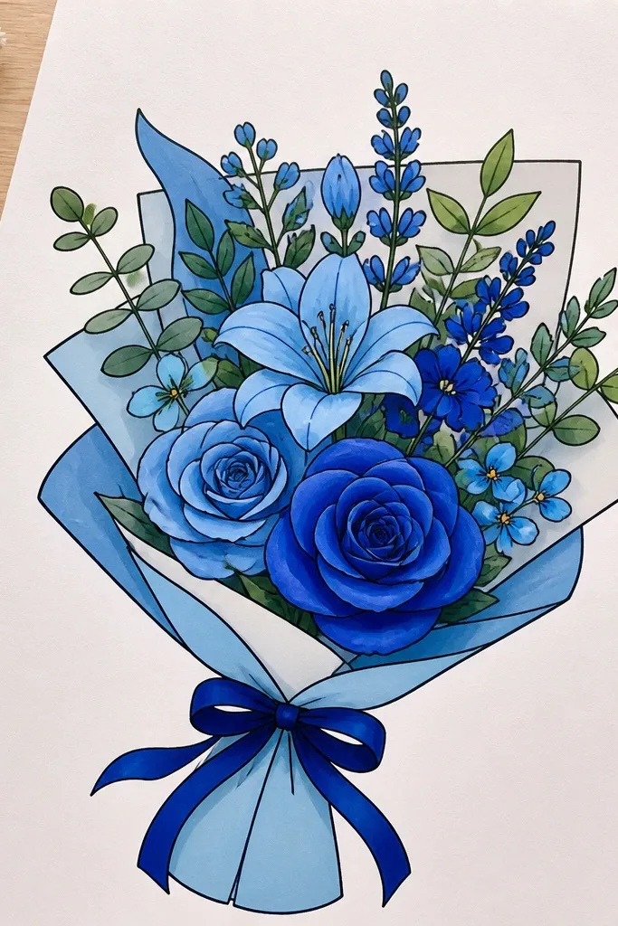 Blue marker flowers with pencil highlights and crisp edges on stems.