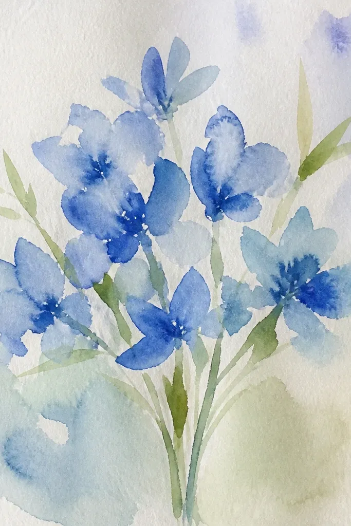 Blue bouquet with soft petal washes and crisp stem lines.