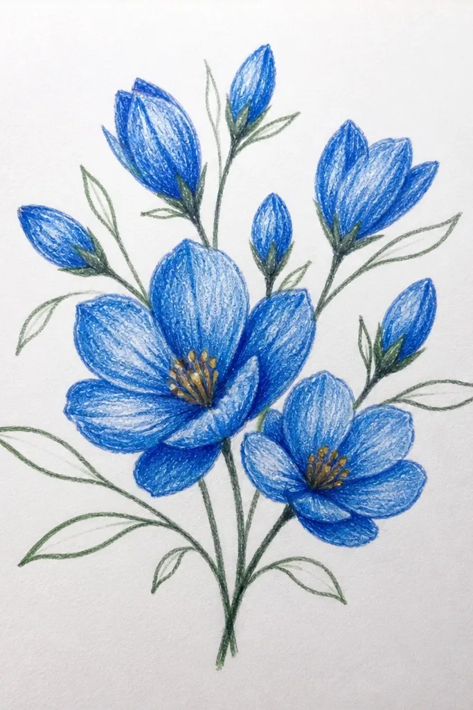 Blue bouquet with small buds, open flowers, and simple one-line leaves.