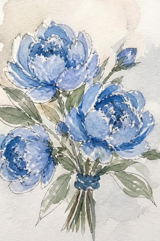 Peony-like blue bloom with layered rounded petals and soft shadowing.