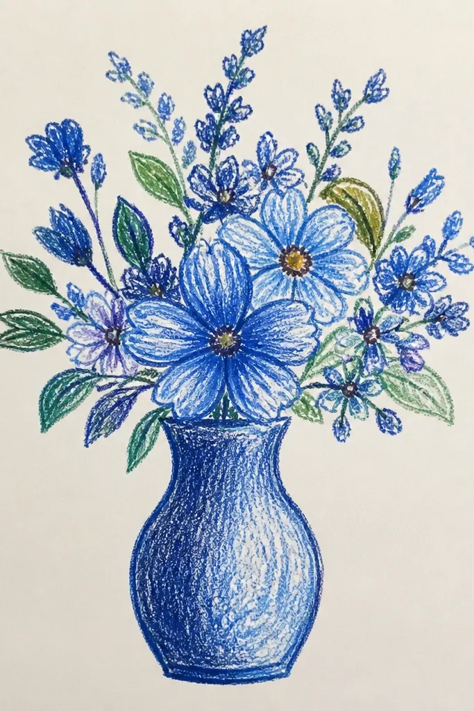 Blue flowers arranged in a simple vase shape with minimal background.