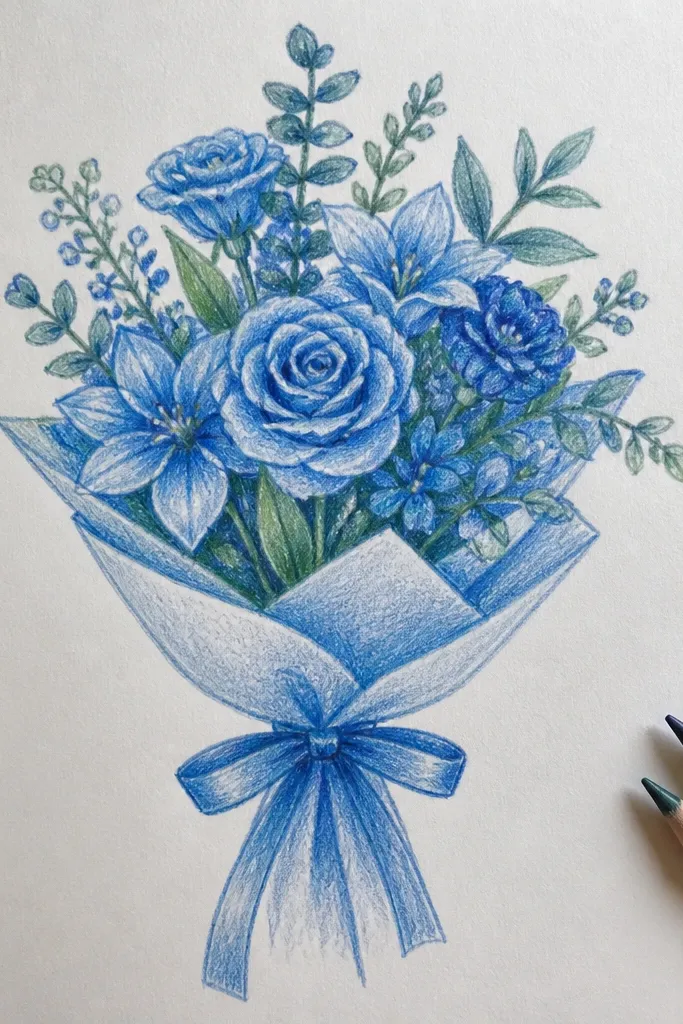Pencil blue bouquet with light graphite shadows and bright erased highlights.