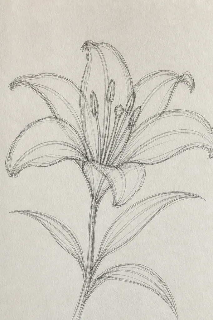 A cream thrift linen scarf laid flat. One large blue lily sits near the lower corner, with soft cobalt watercolor-like petals and darker indigo veins. The center has tiny yellow-green dots, and the background is mostly untouched linen.