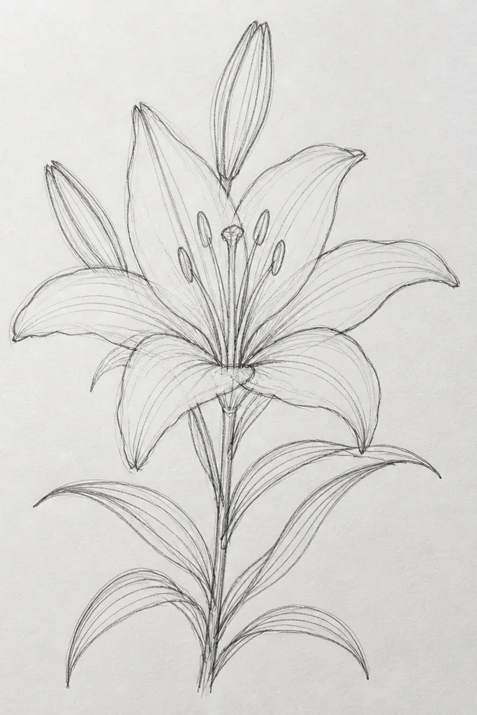 A blue denim tote bag with a single blue lily drawn in clean indigo line art. The petals are outlined with thin dark lines, and the center has small dot clusters. No heavy fill - just crisp lines and white denim showing through.