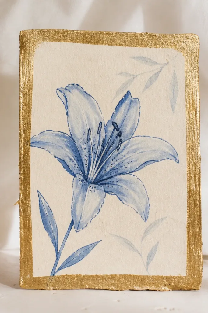 A small piece of upcycled cardboard painted cream with a gold picture frame border. Inside the frame is a blue lily drawing with watercolor petals and a darker indigo outline. The background stays mostly blank, with a few faint leaf marks.