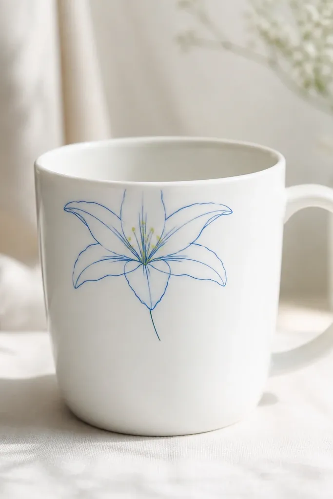 A white mug with a single blue lily drawn around the upper curve. The petals are thin monoline in cobalt blue, with minimal shading. The center has small yellow-green dots, and there's a tiny blue stem line below.