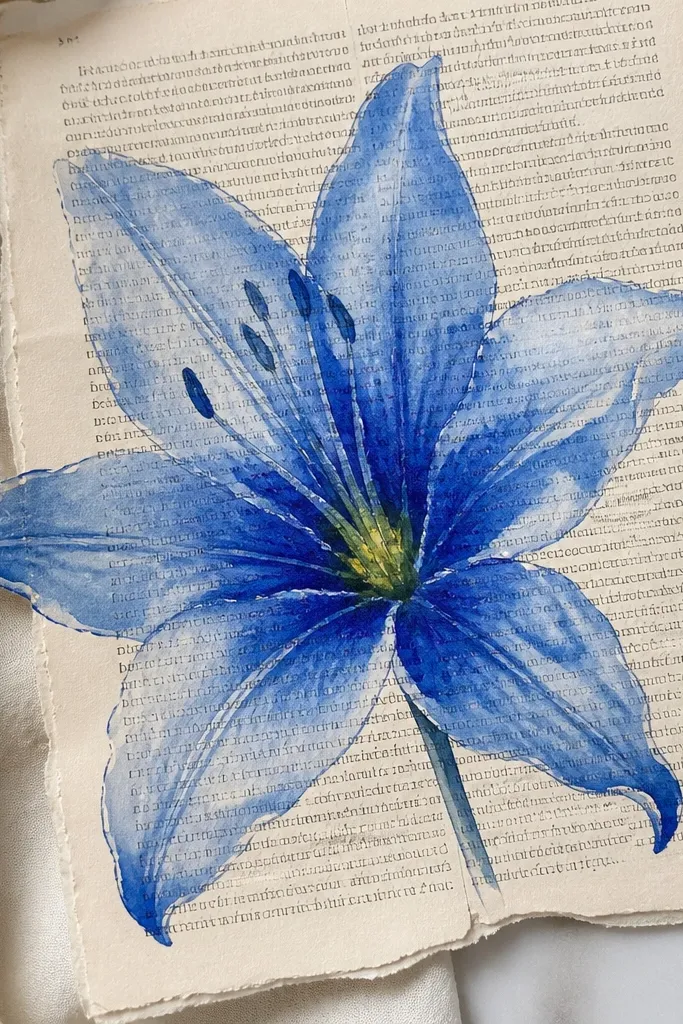 A torn book page with a watercolor blue lily. The petals have cobalt gradients, indigo veins, and a small yellow-green center. The text underneath is mostly visible around the flower, with a few words peeking through.