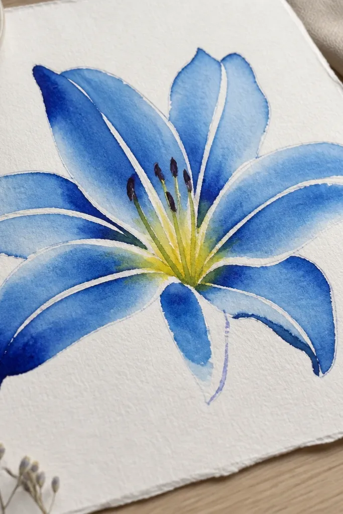 Craft paper with a blue lily where some petal highlights are clean white lines. Thin strips of tape formed resist lines, leaving crisp pale highlights. Petals are cobalt to indigo gradient, with a yellow-green center.