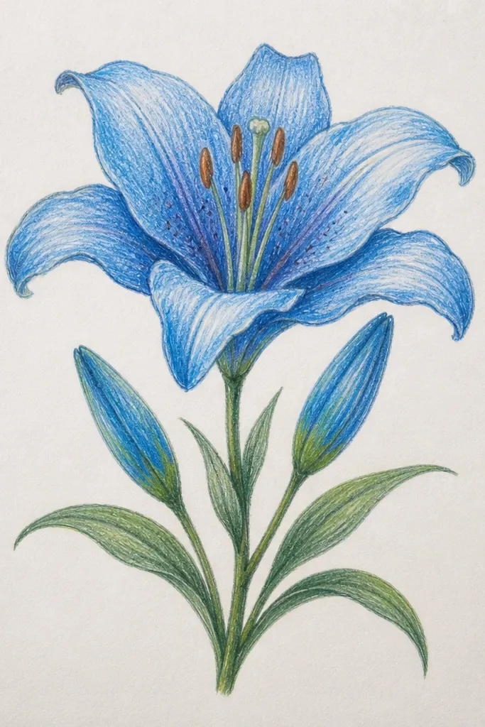 A light gray t-shirt with a stencil-applied blue lily on one sleeve cuff. The petals are filled in cobalt, with a darker indigo outline and a simple yellow-green center. The fabric looks slightly distressed, and the stencil edges are crisp.