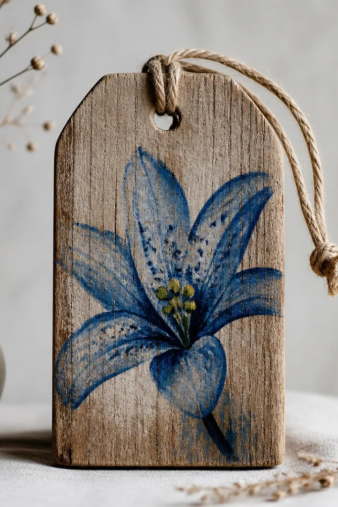 A reclaimed wood tag with a blue lily painted directly on the wood grain. Petals are cobalt ink wash with indigo veins, and the center has yellow-green dots. The wood grain still shows through in lighter areas.