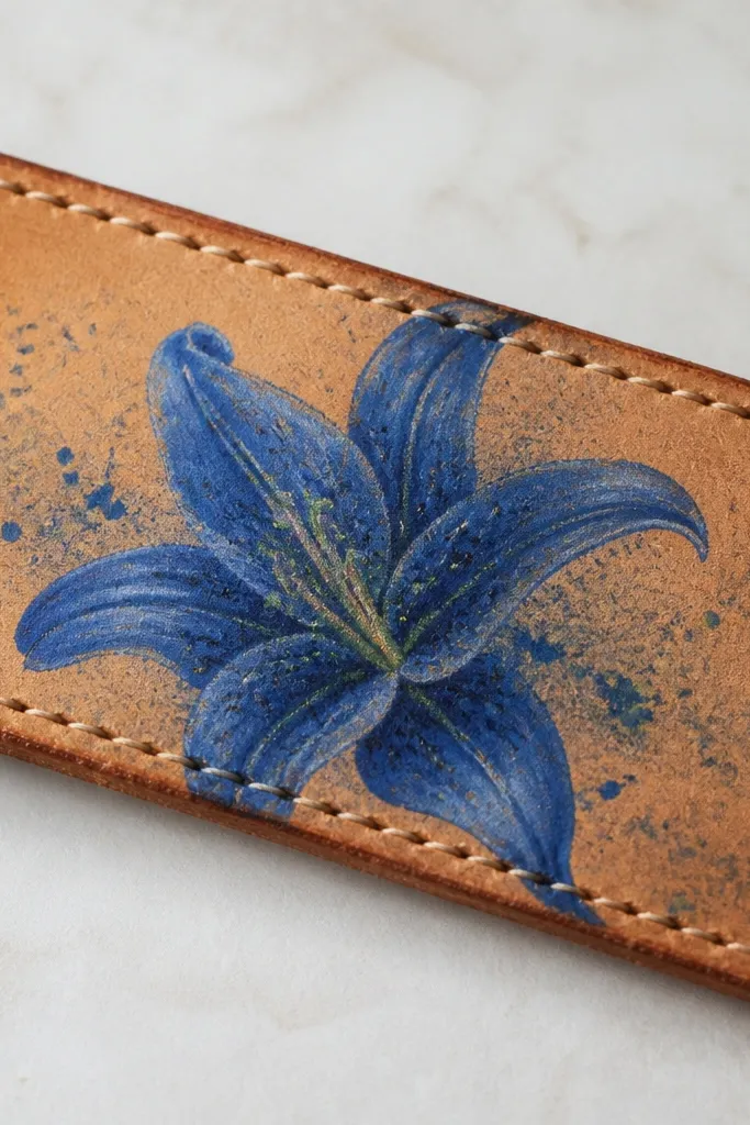 The back of a leather belt piece with a blue lily drawing painted on tan leather. Petals are cobalt with indigo shading, and the center has yellow-green dots. Light speckling appears around the flower like a soft watercolor bleed.