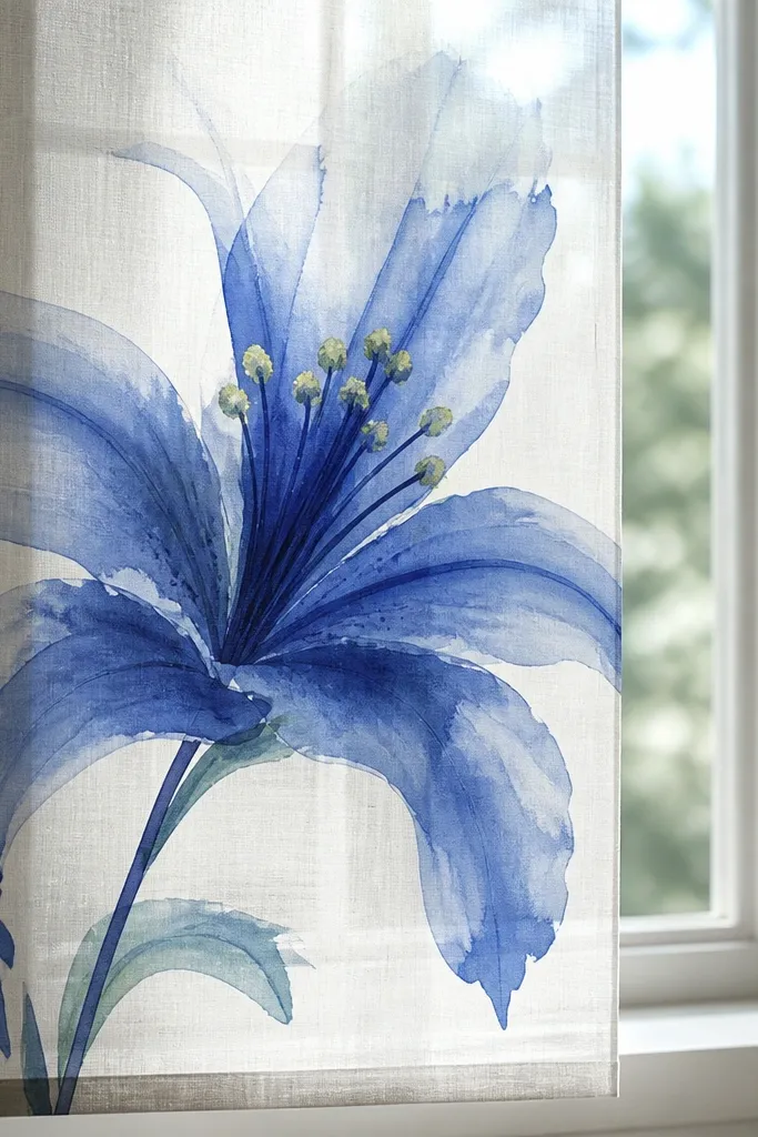 A translucent window shade panel with a blue lily painted in soft layers. The petals are cobalt with indigo veins, and the center has yellow-green dots. The background shows daylight through the fabric.