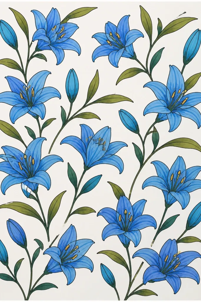 An apron with a small pocket panel. The pocket has a repeating pattern of small blue lilies, each with cobalt petals, indigo veins, and yellow-green centers. The repeat is tidy and evenly spaced.