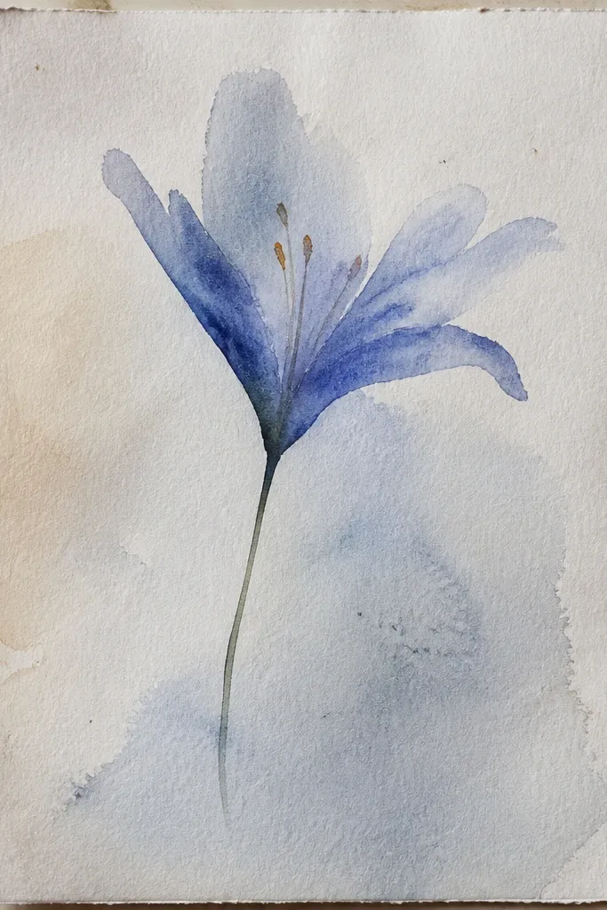 A recycled kraft envelope with a blue lily drawn on the front. Petals fade from lighter cobalt at the top to deeper indigo at the bottom. The center has yellow-green dots and a few darker strokes.