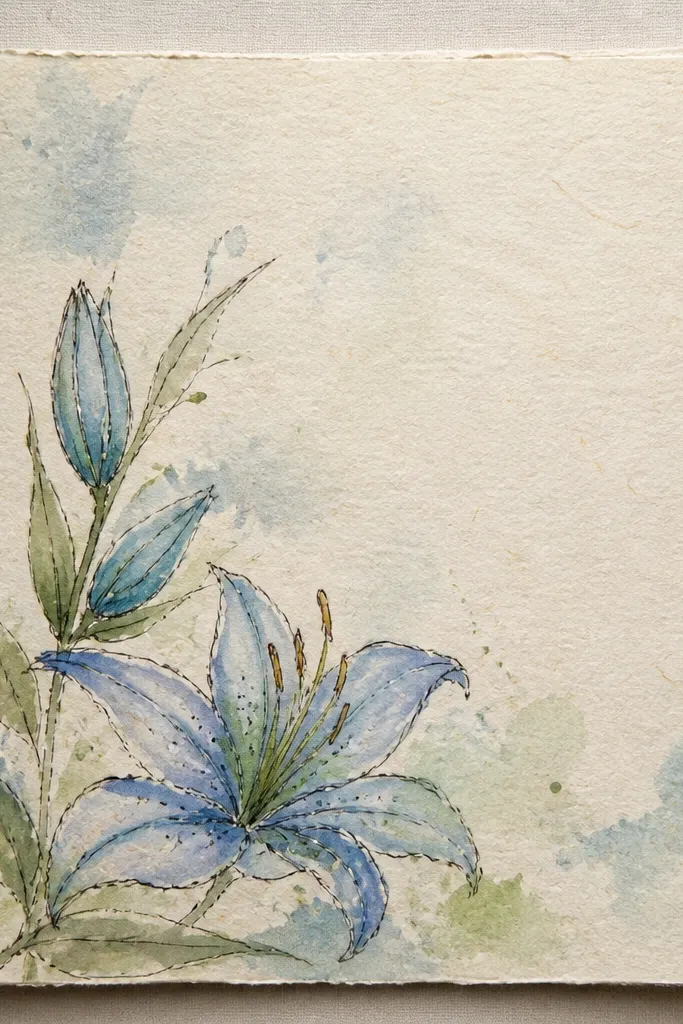 A small stationery card made from thick recycled paper. In the top-right corner is a blue lily with a thin indigo corner border line. The lily has cobalt petals, indigo veins, and a yellow-green center. Small leaves frame the corner lightly.