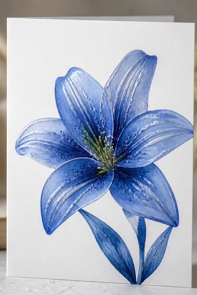 A glossy paper card with a blue lily drawn in cobalt and indigo. Some petal highlights look raised and shiny, created by emboss resist or gel pen. The center is yellow-green dots with tiny white highlights.