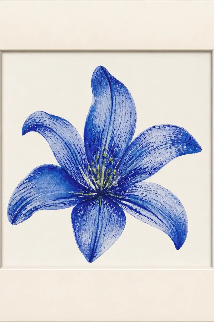 A picture mat board with a single blue lily. Petals are painted in cobalt, and the veins are made with dry-brush indigo - they look textured and slightly grainy. The center has yellow-green dots and small indigo accents.