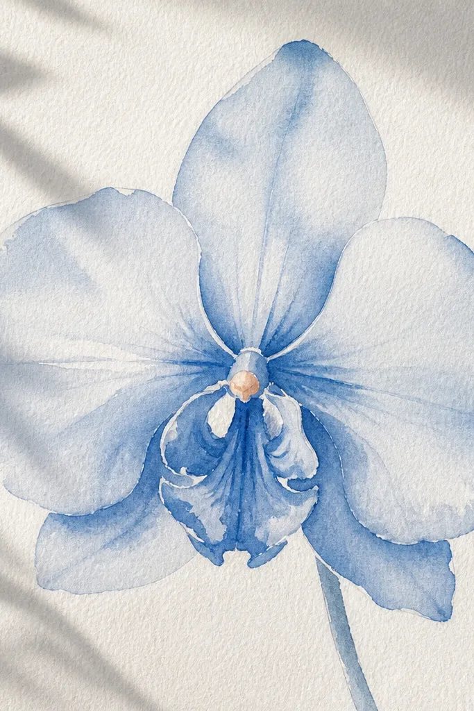 A hand-drawn orchid with broad powder-blue watercolor washes on thick 200gsm paper. The petals have soft edges on the outside and darker blue creases near the center. A small warm peach dot sits at the throat.