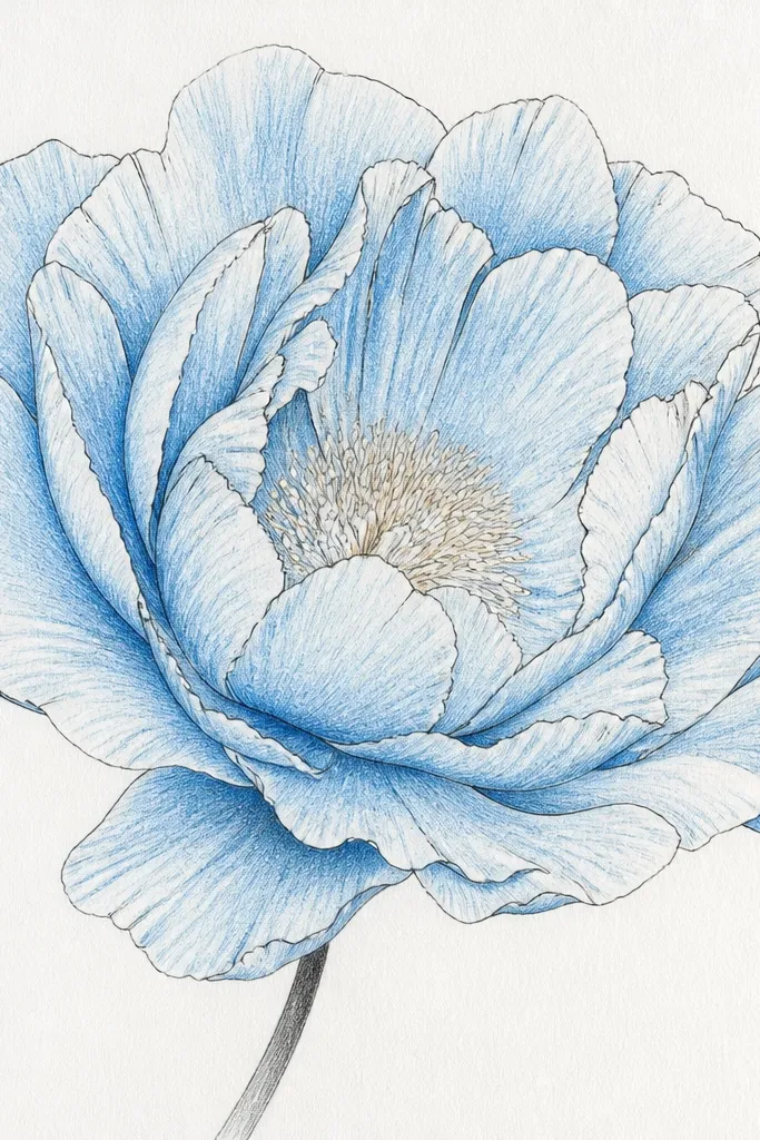 A sketch where the petals are shaded with cerulean pencil, and the inner folds are traced with fine black ink. The center has pale blue shading with a tiny warm beige glow.