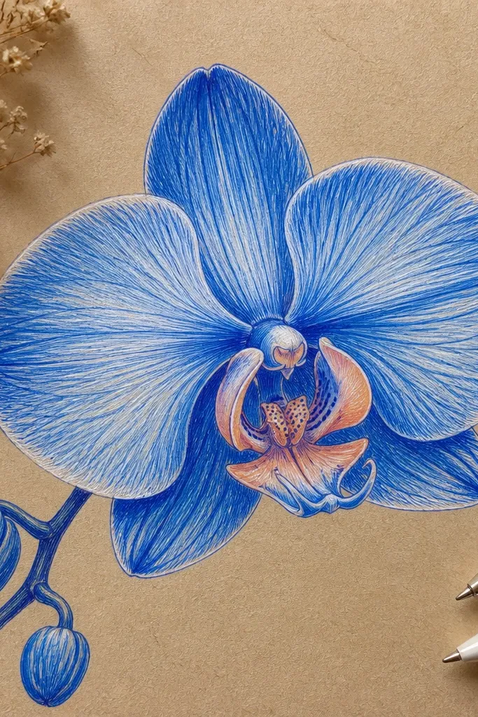 A blue orchid drawing on warm kraft paper. The petals are built from layered blue gel pen strokes, with white gel pen highlights and a peachy center.