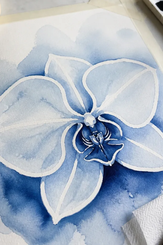A watercolor orchid where the cleanest highlights are preserved by masking tape. Blue washes surround taped-off petal sections, with crisp white lines and a deep blue center shadow.