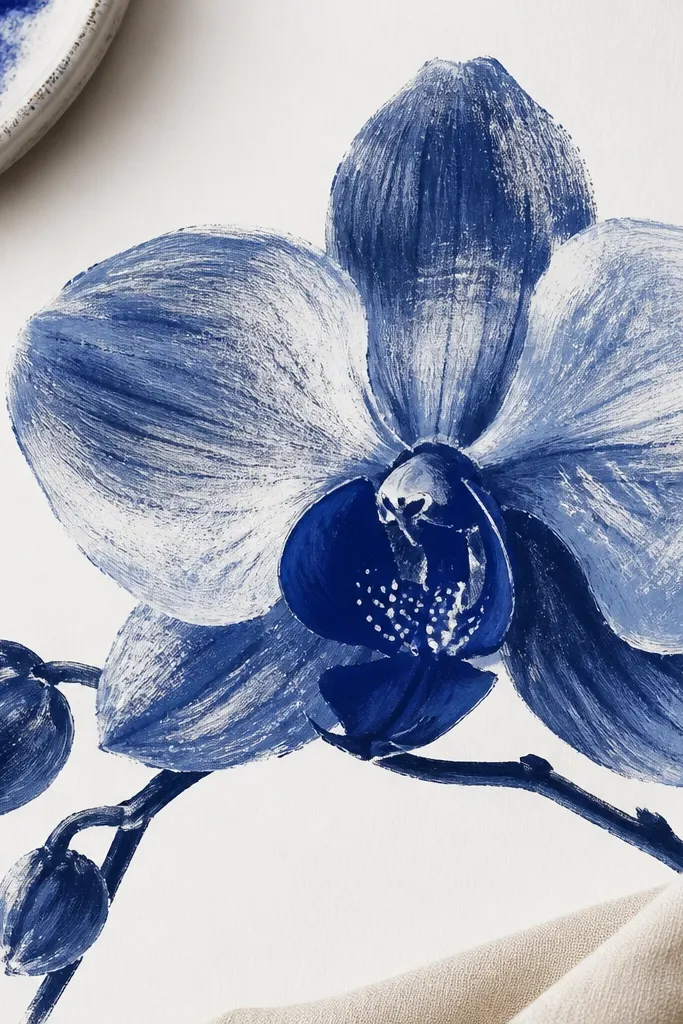 An orchid drawn with indigo acrylic using a dry-brush technique. The petals show textured, grainy strokes, with a darker indigo center and tiny white specks as highlights.