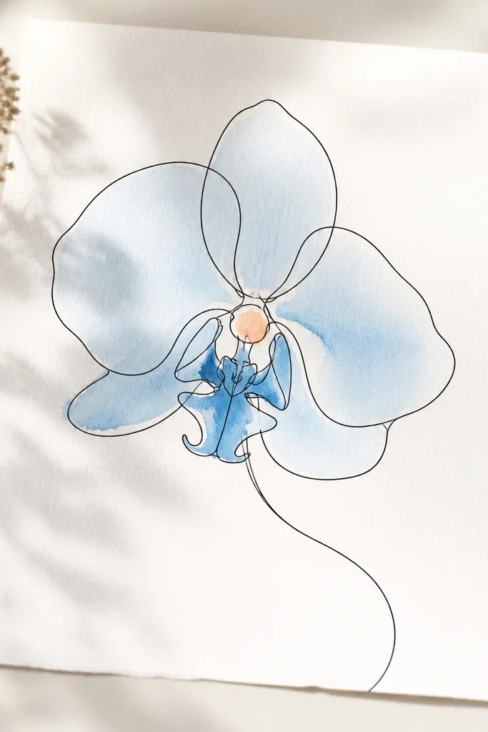 A minimalist orchid outline drawn in one continuous stroke, filled with light blue wash and a deeper blue throat accent. The center has a small warm peach smear.