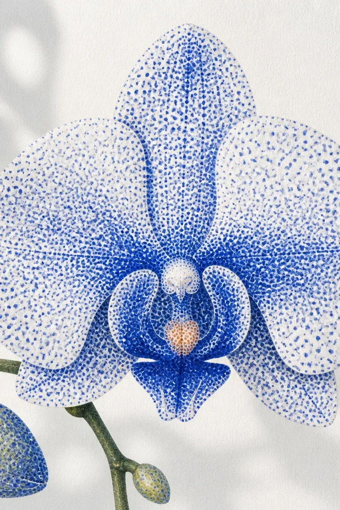 A watercolor orchid where petals are built from stippled dots in cobalt blue. The center has denser stippling with a darker blue, and the throat shows a warm peach dot.